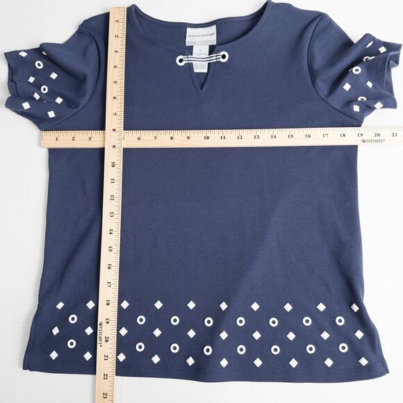 Alfred Dunner Nautical Studded Grommet SS Top Navy Blue Womens Petite Small - Picture 4 of 15